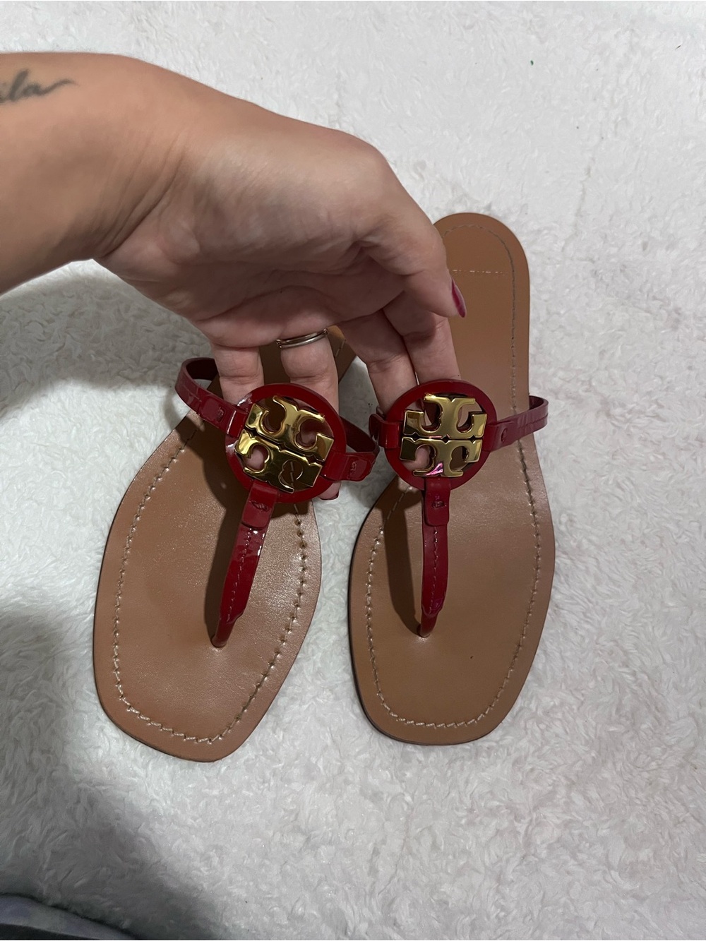Tory Burch Patent Red Miller Thong Sandals with Gold Logo